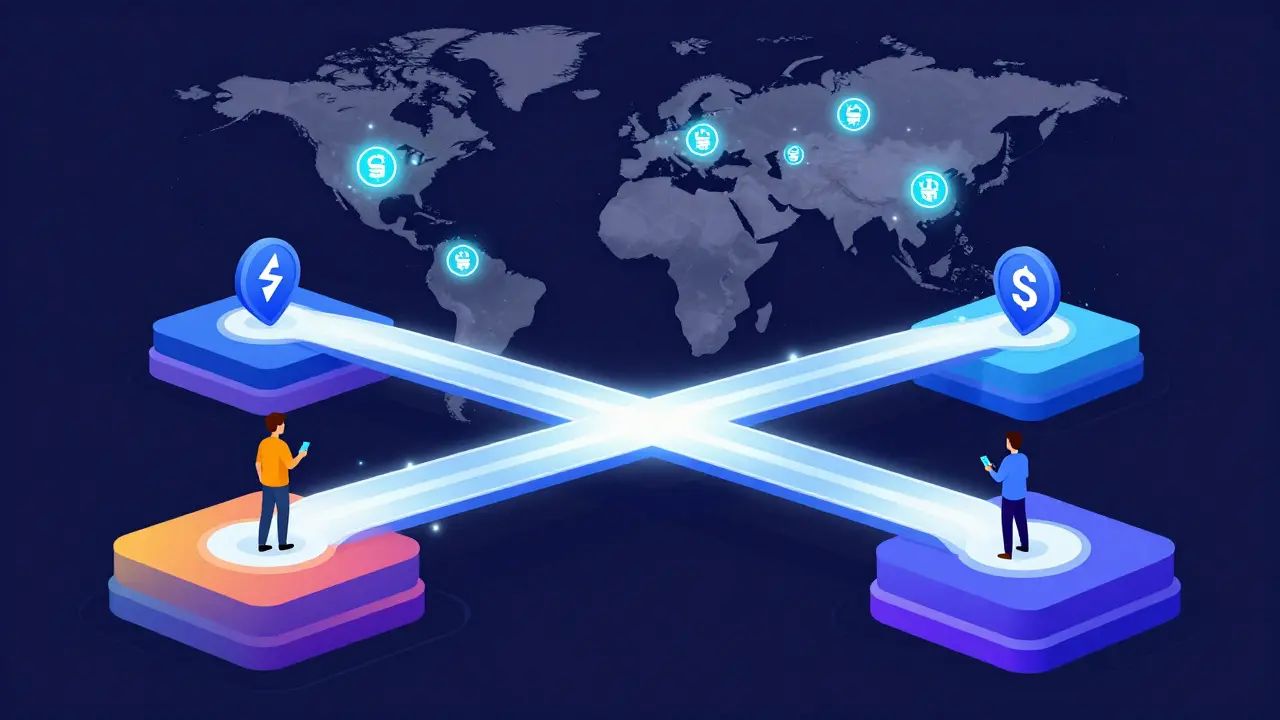 Cross-chain bridge with digital assets flowing between platforms, users paying with phones.