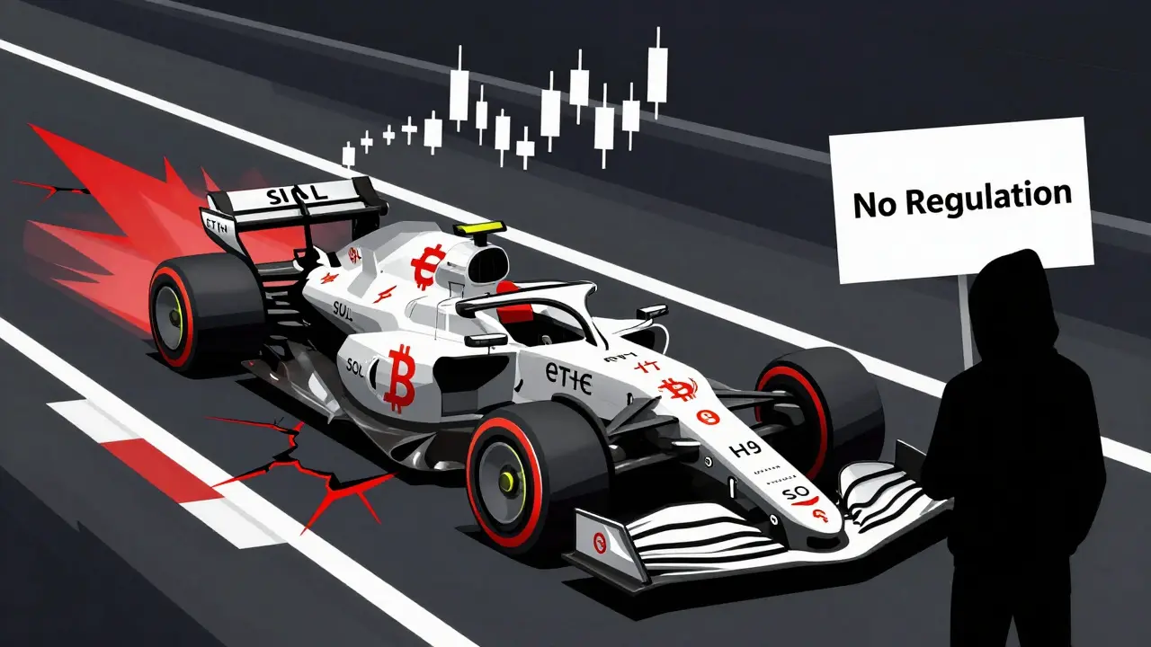 Crypto-symbol race car speeding on a candlestick track with liquidation cracks