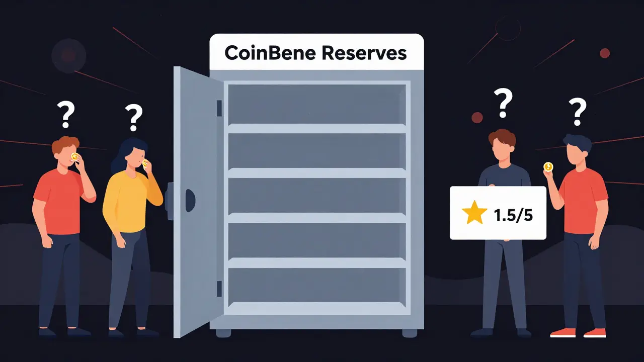 Empty crypto vault with no audit reports, users holding question marks and low Trustpilot rating.