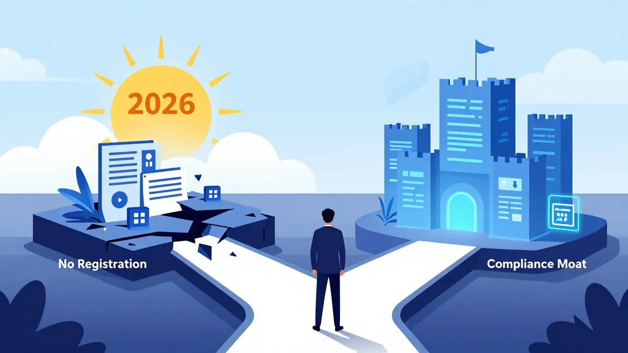 Entrepreneur at a crossroads choosing between regulatory failure and a fortified compliance fortress labeled '2026'.