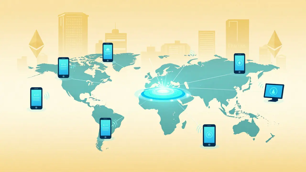 Global devices syncing with Celestia’s network while legacy blockchains fade in background