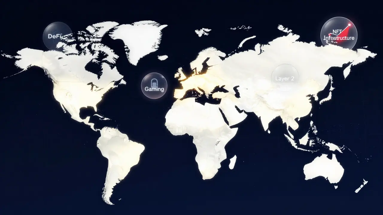 Global map with 98 enabled countries and US blocked, surrounded by Web3 token symbols