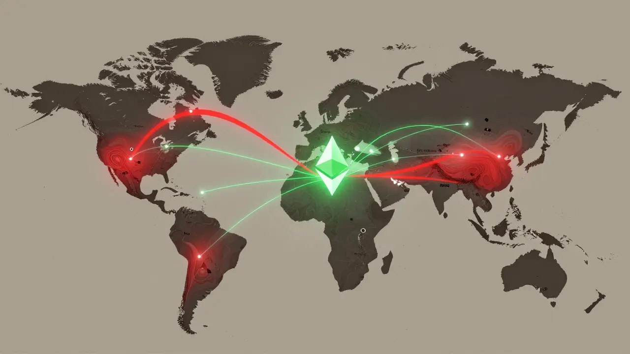 Global map with red Bitcoin energy flows vs. green PoS validator connections, symbolizing sustainable blockchain.