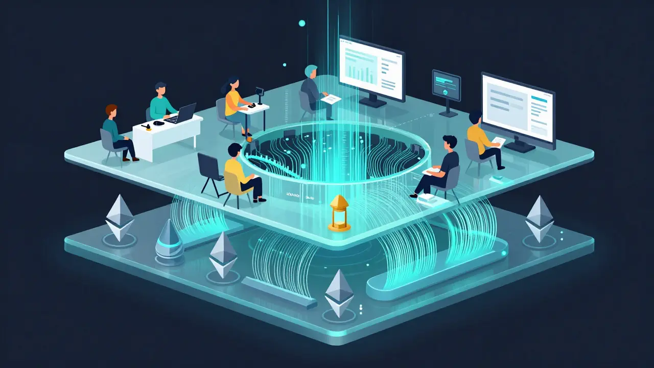 Layered digital ecosystem showing Ethereum security base with Layer 2 tunnels and real users interacting.