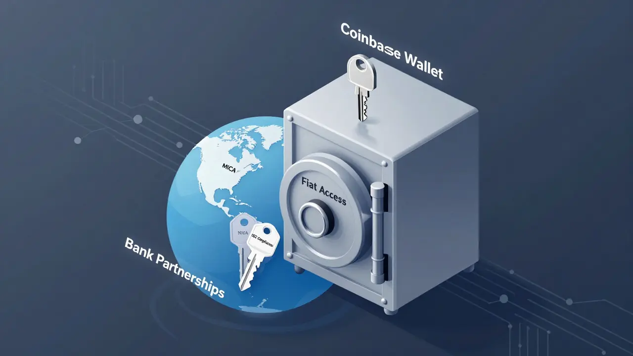 Locked vault for fiat access with compliance keys, while a single wallet key hovers over most countries.