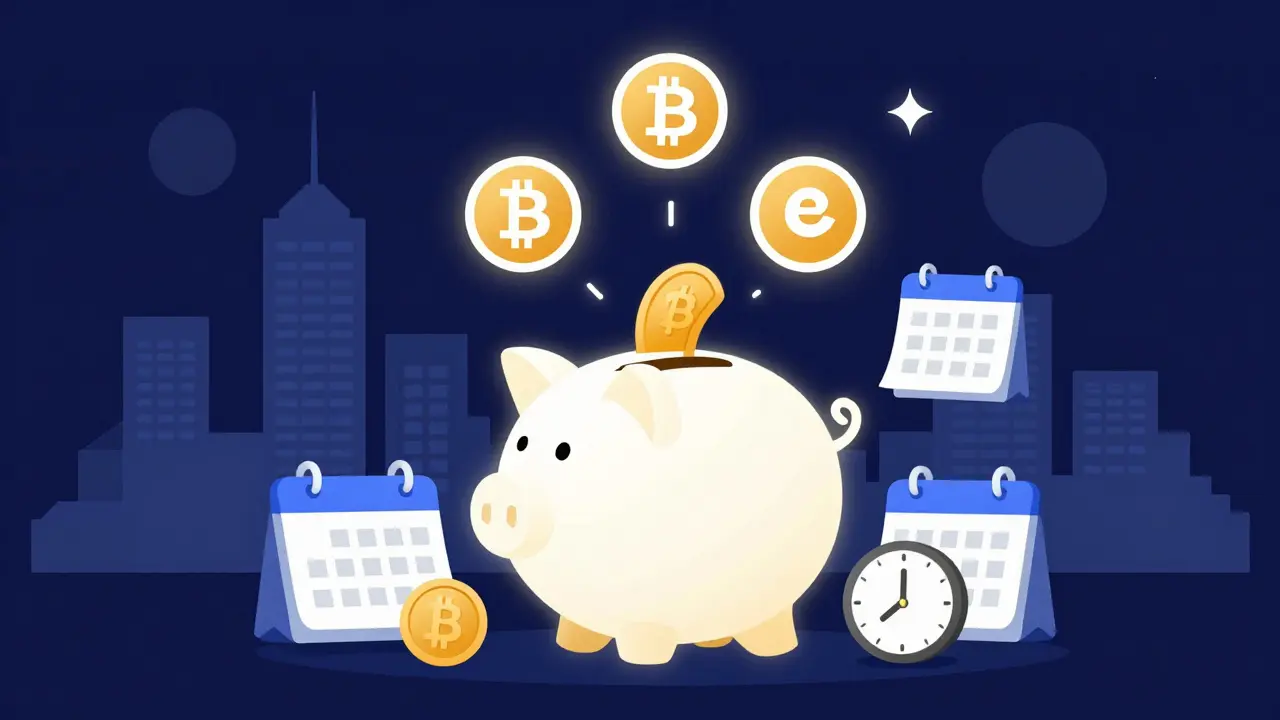 Moneybox feature showing weekly euro deposits turning into cryptocurrency icons.