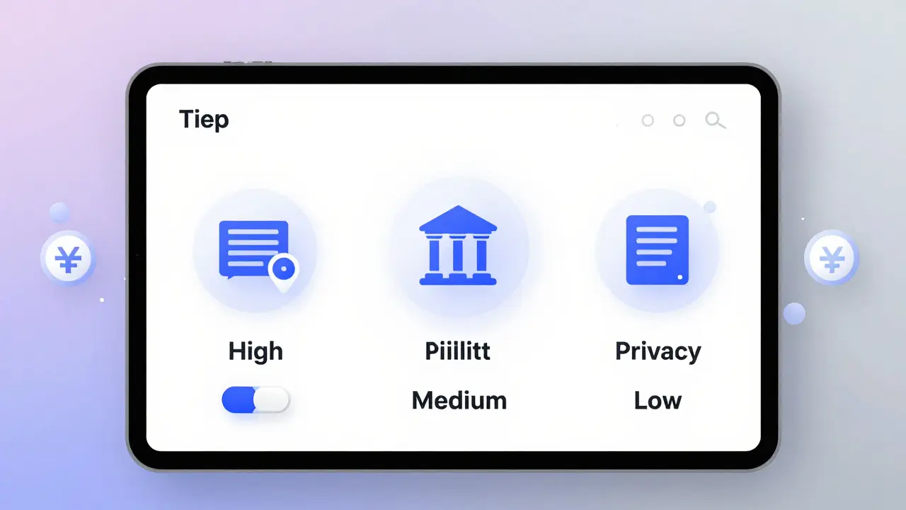 Privacy dashboard with three toggles showing different levels of transaction visibility to bank or government.