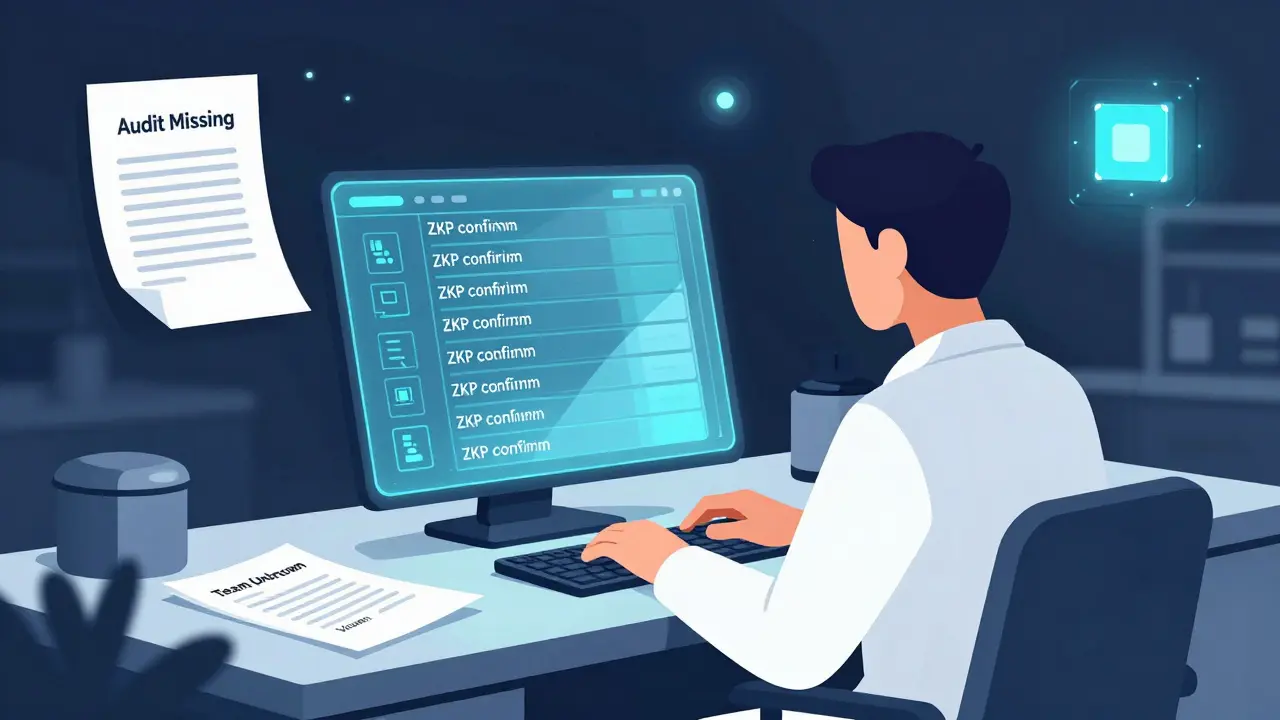 Researcher examining a holographic blockchain with no transaction details, surrounded by missing audit labels.