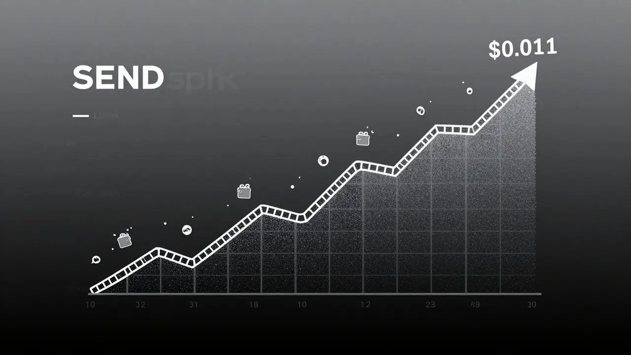 SEND cryptocurrency price chart crashing from peak to near-zero, illustrated as a jagged rollercoaster with falling wallet icons.