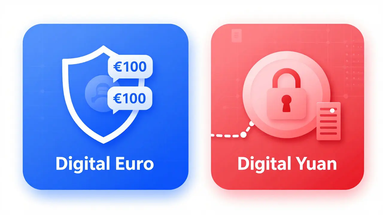 Side-by-side comparison of Digital Euro's limited anonymity versus Digital Yuan's tracked transactions.