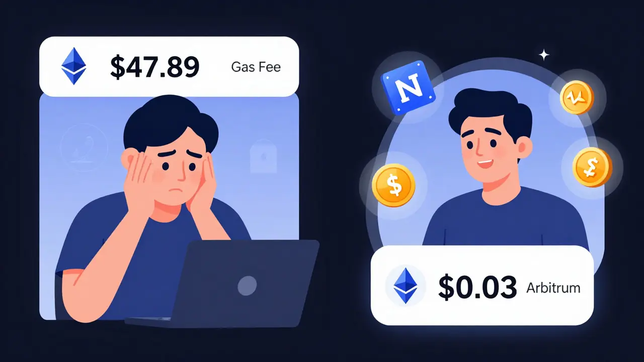 Side-by-side comparison of expensive slow Ethereum transactions versus cheap fast Layer 2 transactions.