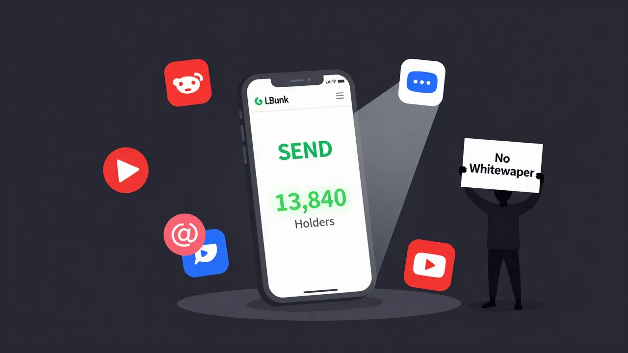 Smartphone showing SEND price on LBank, surrounded by empty social media icons and a faint holder count, symbolizing isolation.