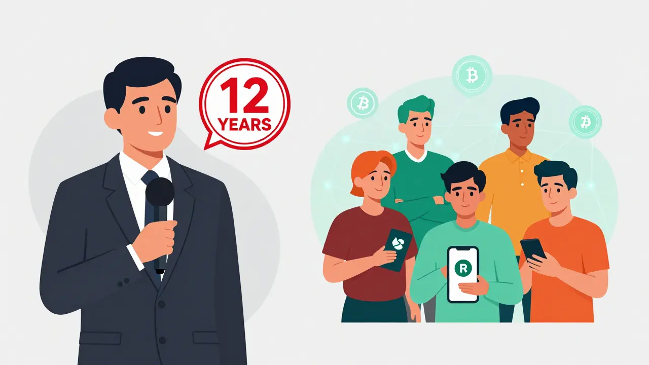 Split scene: bank official issuing a warning vs. people peacefully trading Bitcoin via mobile apps.