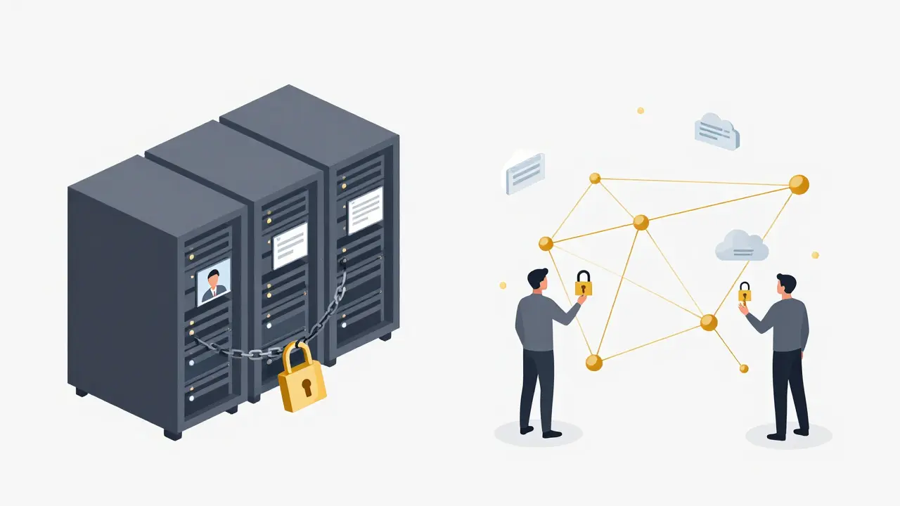 Split scene: corporate servers locking data vs. decentralized nodes unlocking personal ownership.