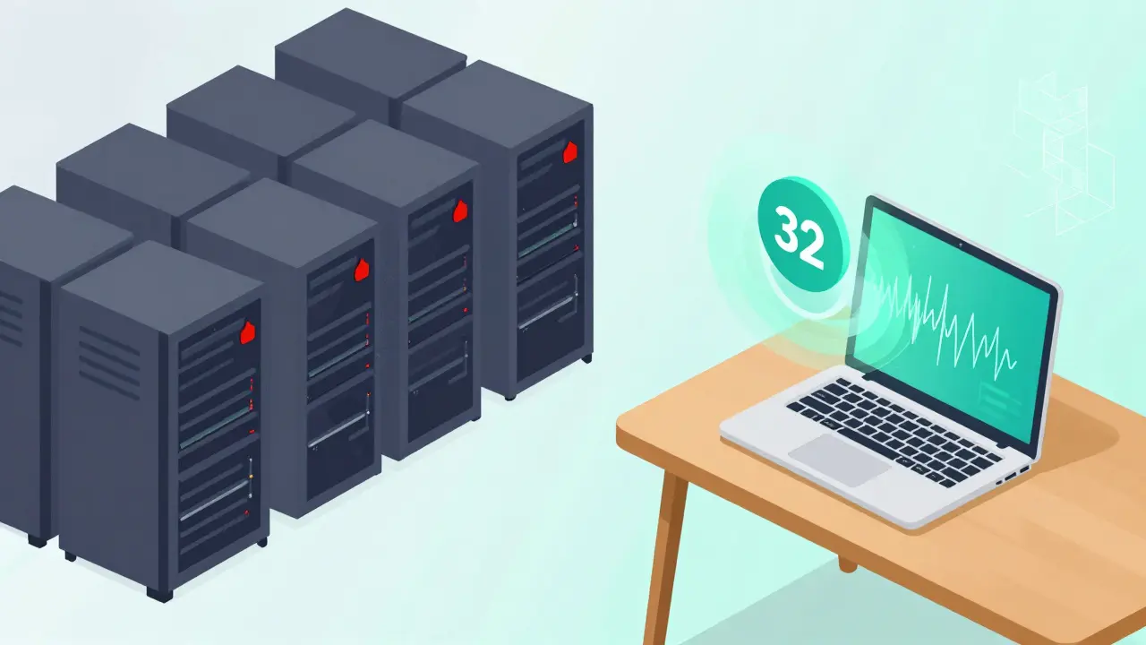 Split-screen: chaotic data center versus quiet desktop with Ethereum stake, showing energy efficiency contrast.
