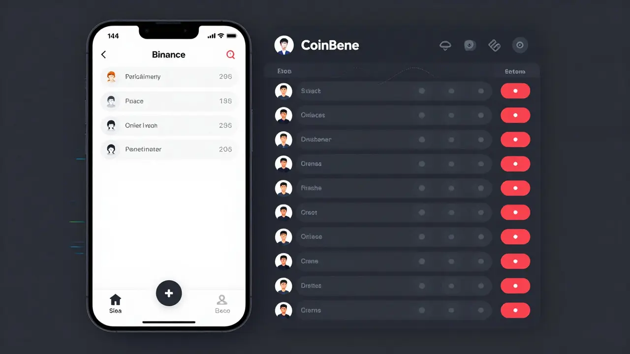 Split-screen comparison: clean trading interface vs. confusing CoinBene app with no guidance.
