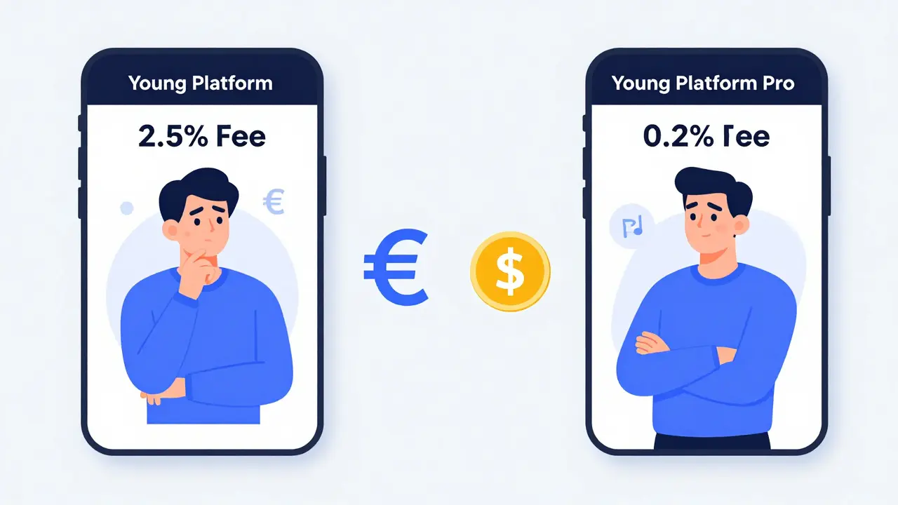 Split-screen comparison of Young Platform standard app and Pro interface with fee differences.