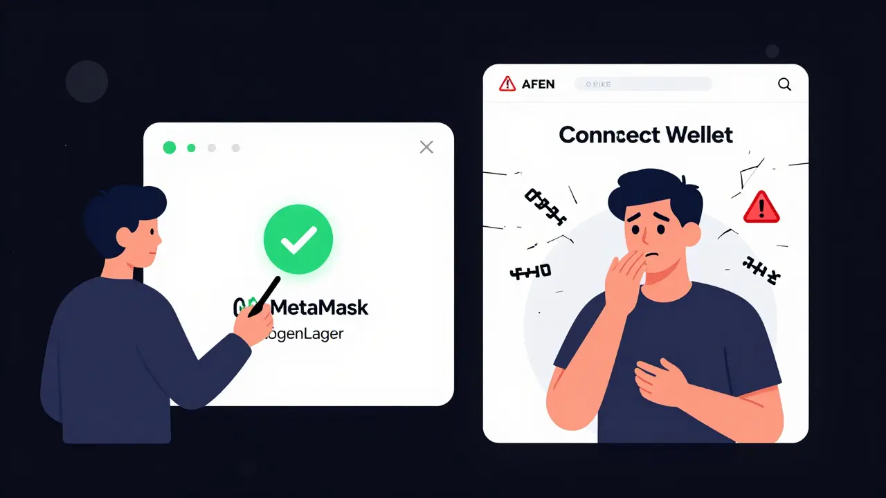 Split screen: legitimate airdrop on left, fake AFEN scam on right with visual warnings.