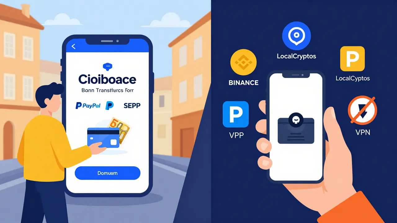 Split-screen: one side shows fiat deposit on Coinbase app, other shows wallet use with P2P options in a restricted country.