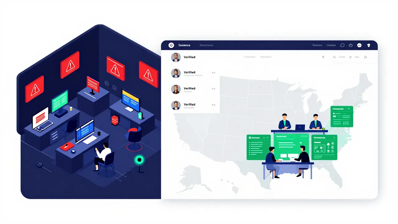 Split-screen vector art comparing unregistered crypto chaos with compliant exchange operations under U.S. state boundaries.