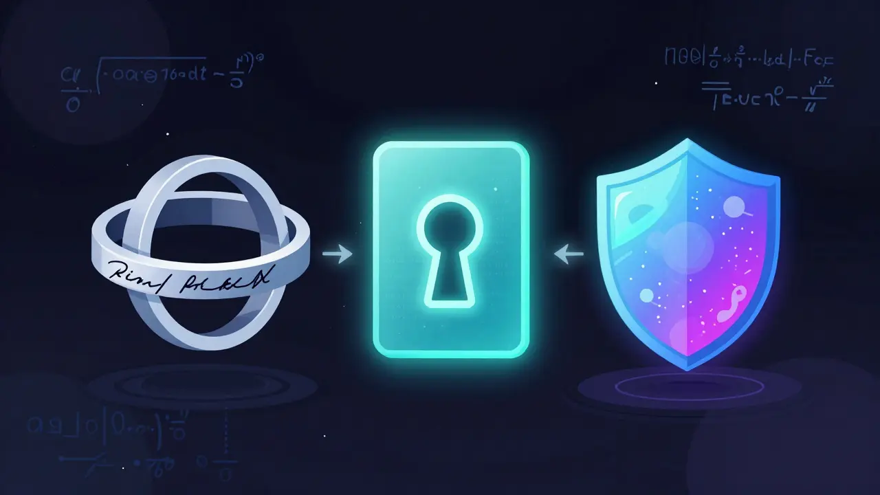 Three cryptographic privacy technologies — ring signatures, stealth addresses, and zero-knowledge proofs — visualized as glowing abstract elements in a digital space.