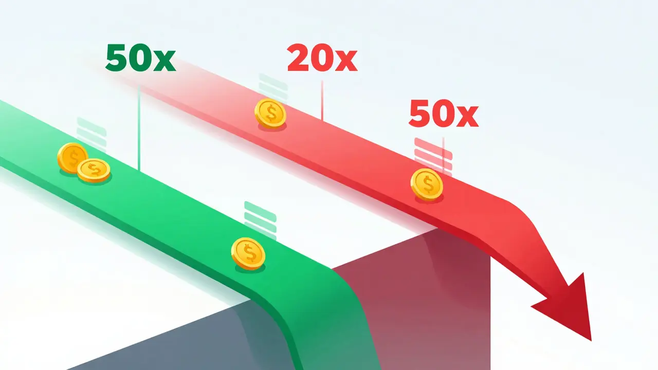 Three leverage paths shown as geometric routes: safe, risky, and catastrophic, with crypto coins and margin bars in clean vector design.