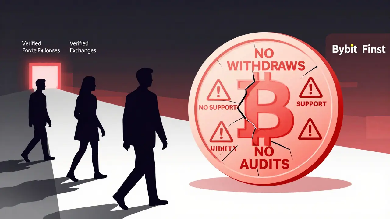 Warning sign with red flags for unsafe crypto platform, users walking away.