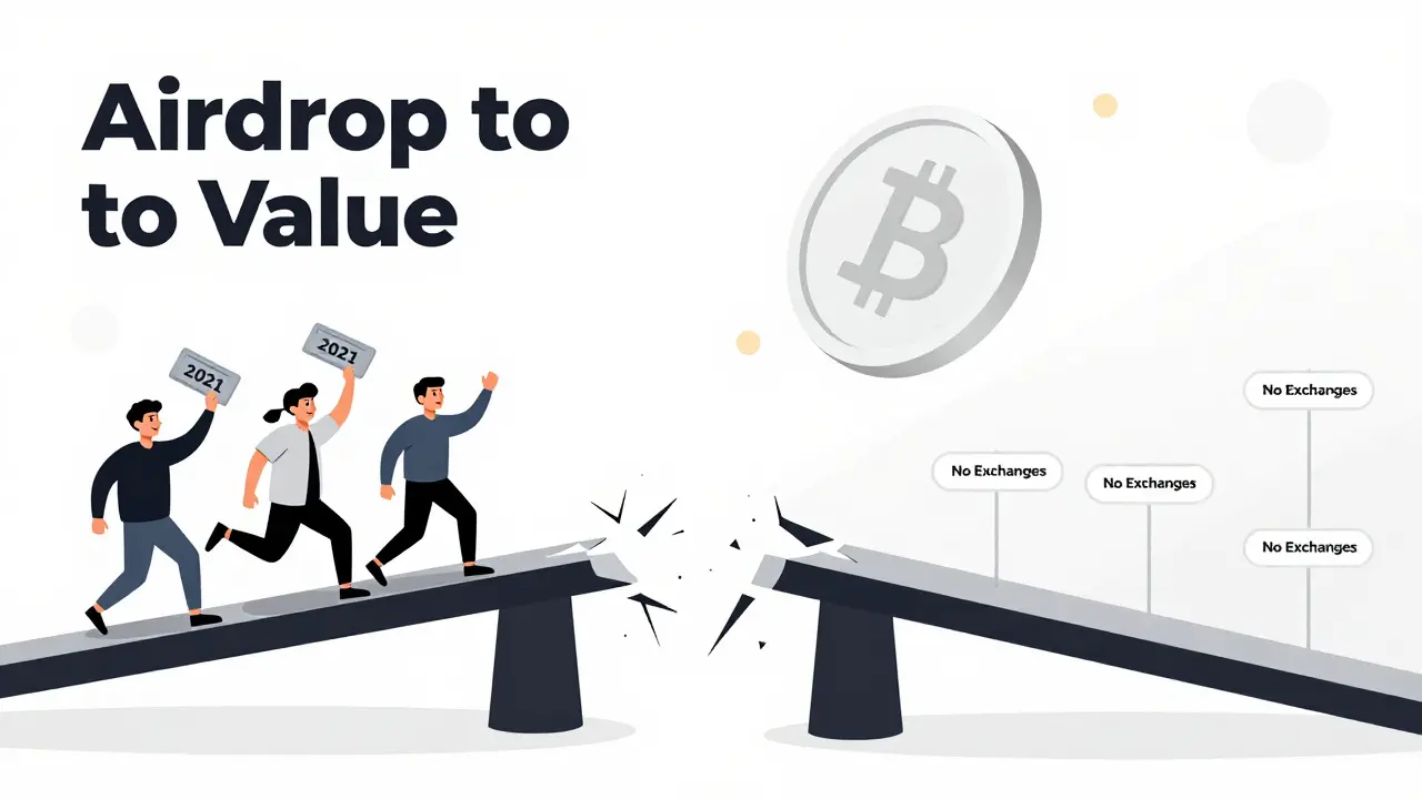 A broken bridge between 2021 airdrop excitement and an empty digital marketplace with no traders or exchanges.