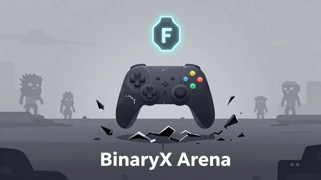A broken game controller above a fading gaming world, with one glowing FORM token floating above.