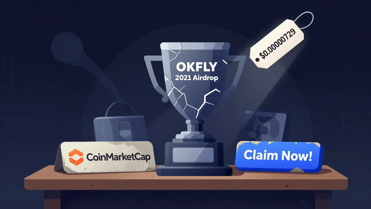 A cracked OKFLY trophy on a dusty shelf beside forgotten crypto relics, with a tiny price tag floating above it.