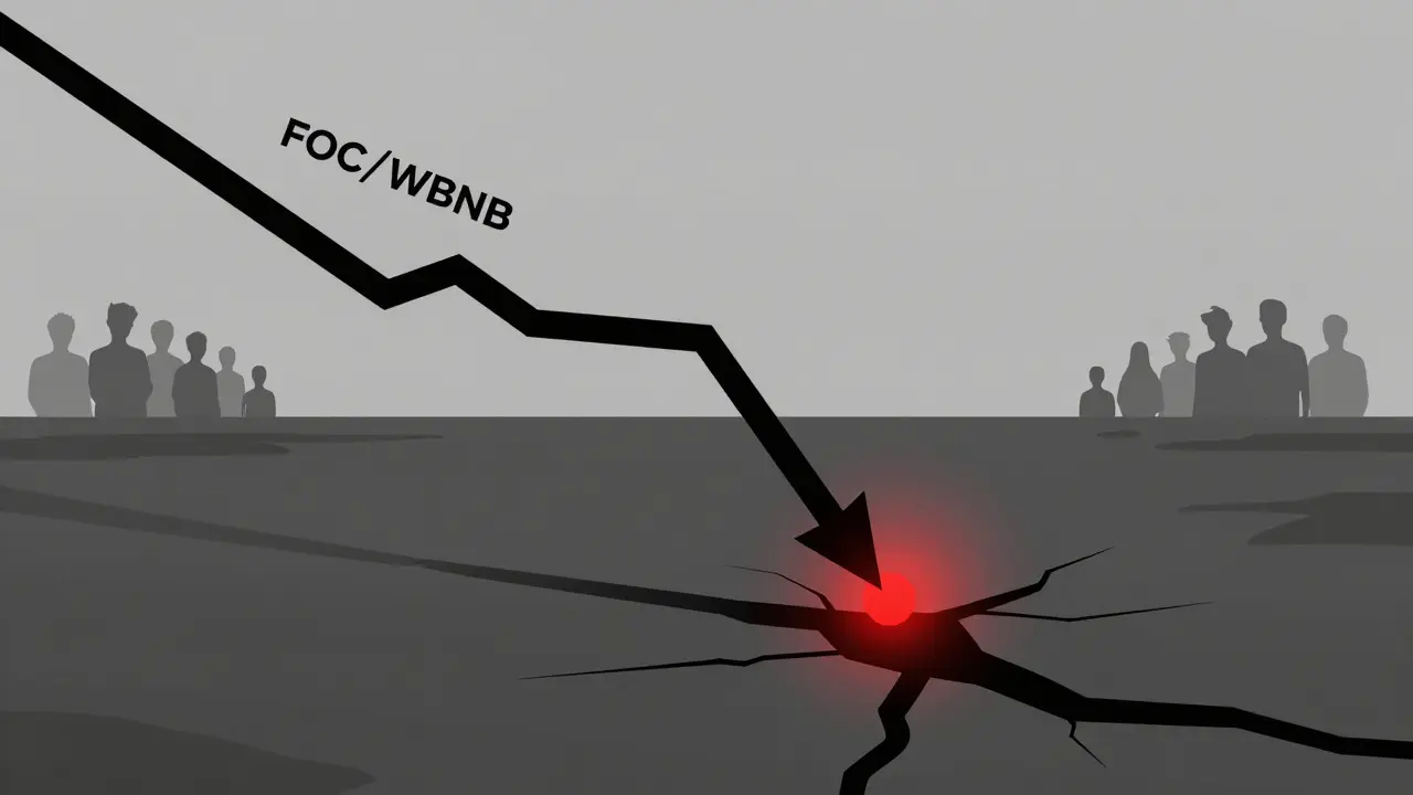 A crumbling blockchain landscape with a plummeting trading graph and vanished team silhouettes.