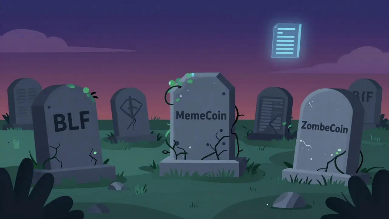 A crypto graveyard with tombstones for dead tokens under a dim blockchain glow.