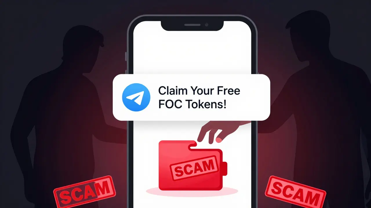 A deceptive Telegram message on a phone screen while a shadowy figure tries to steal a wallet.