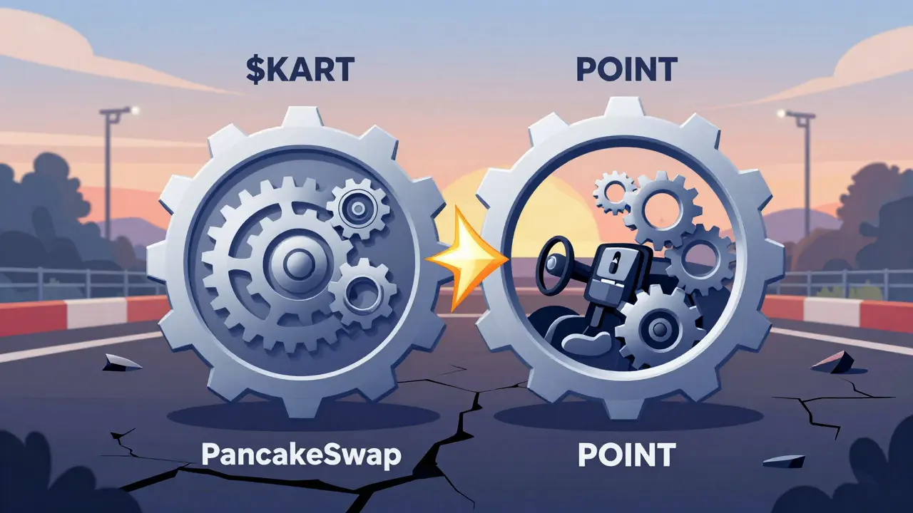 A dual-token gear system showing $KART active and POINT locked, set against an abandoned racing track under a fading sunset.
