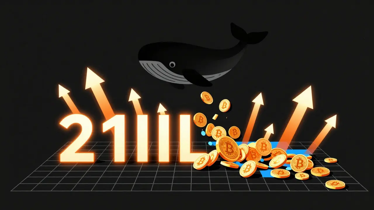 A fixed grid of 21 million Bitcoin coins with surging demand arrows and a whale shadow causing a cascade of falling coins, symbolizing scarcity and panic.