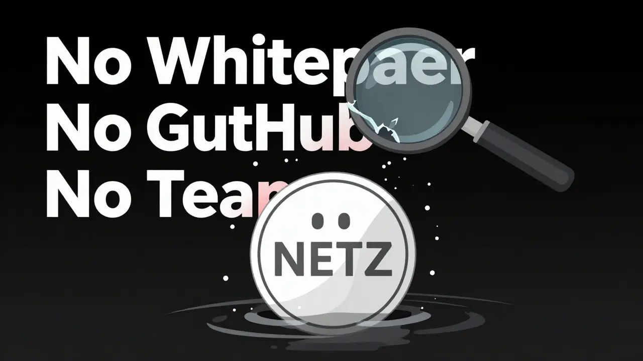 A ghostly NETZ coin half-submerged in data, with missing documentation labels above.