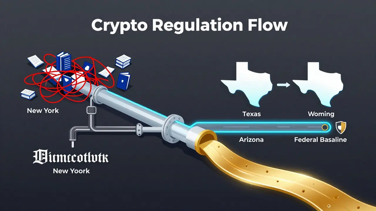 A pipeline diagram showing tangled state regulations resolving into smooth channels leading to crypto-friendly states and federal baseline.