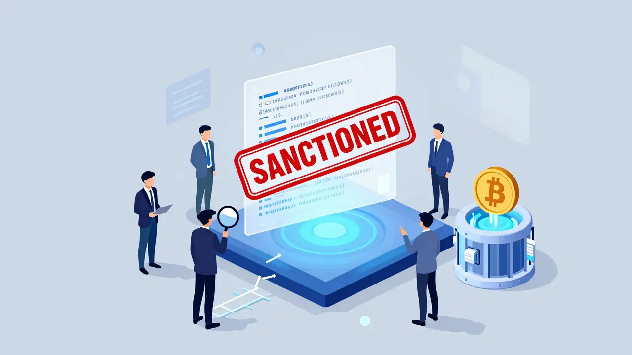 A sanctioned smart contract with a red stamp, surrounded by developers and regulators analyzing transaction trails and frozen USDT.