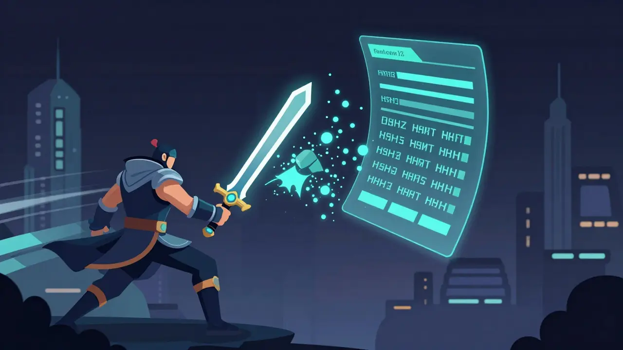 A sword transferring between two game worlds as blockchain hashes float above, symbolizing cross-game NFT use.