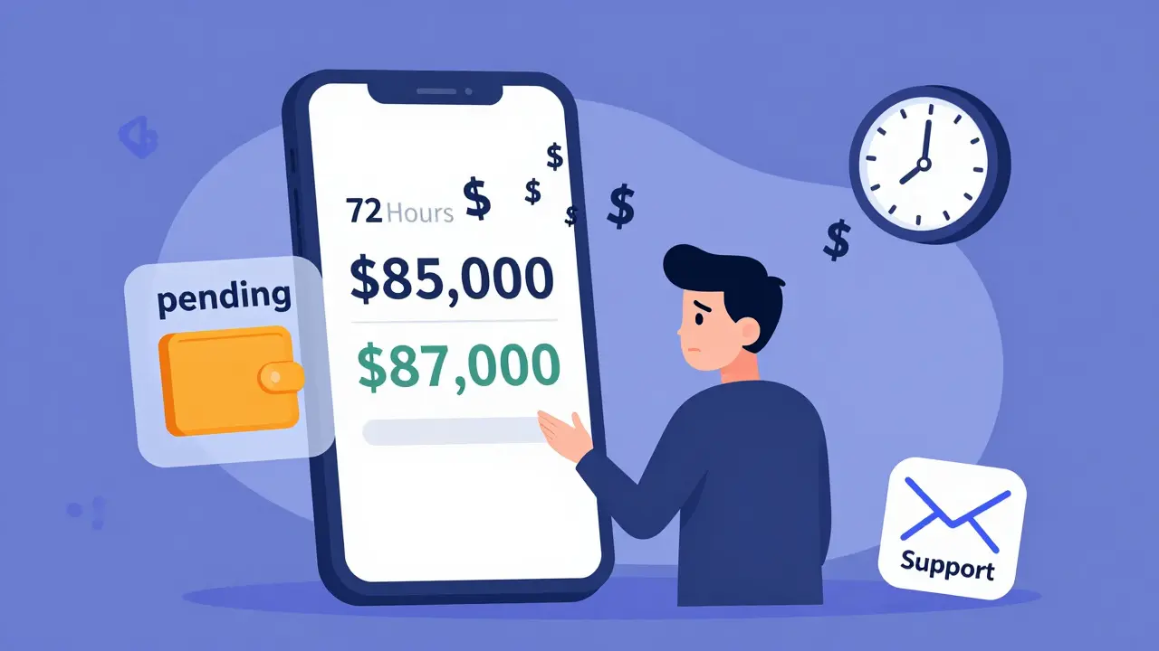 A trader facing a frozen app showing wrong Bitcoin price, with a clock ticking and unanswered email icon.
