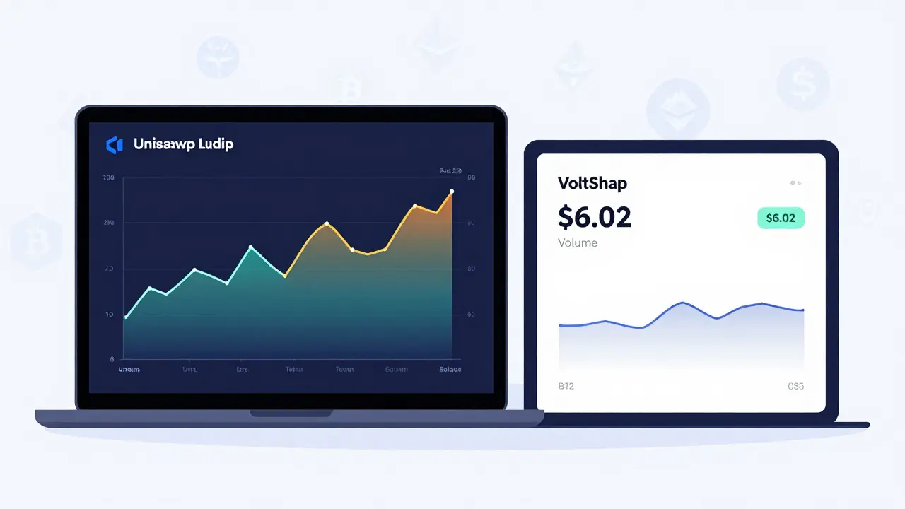 A trading terminal comparing massive Uniswap liquidity to VoltSwap's tiny .02 volume.