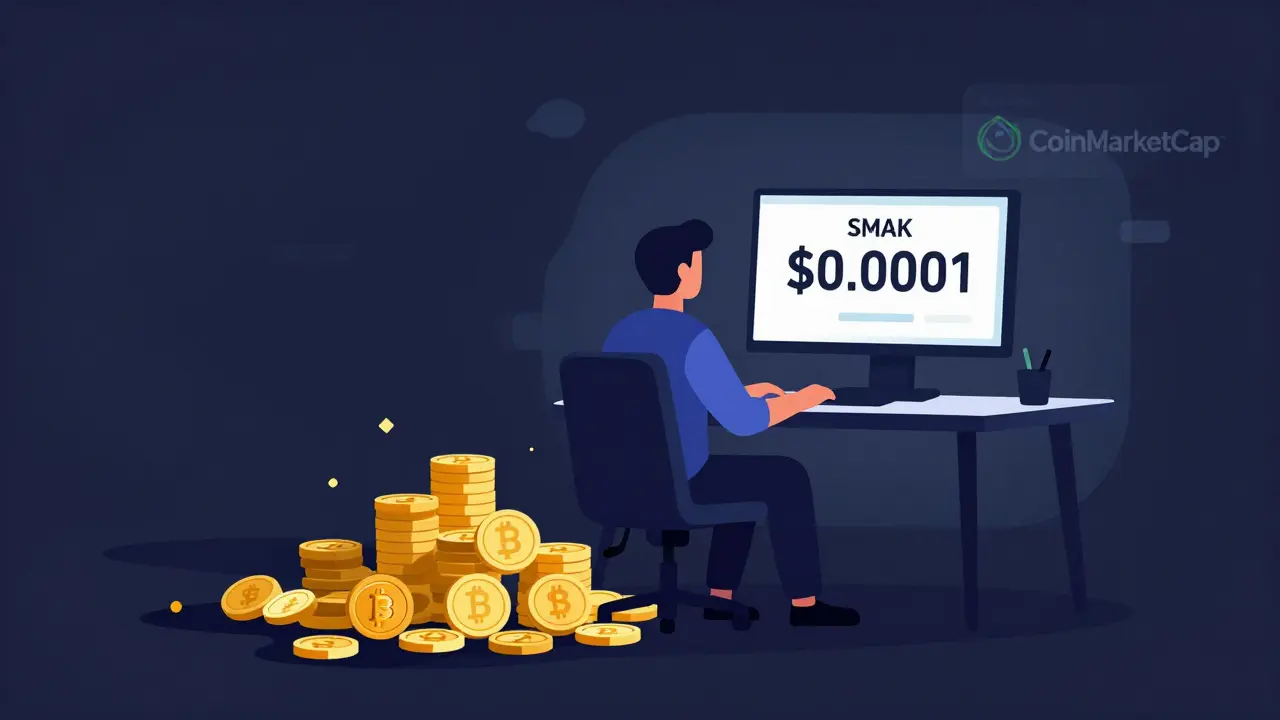 A user staring at a screen displaying nearly worthless SMAK tokens, surrounded by discarded crypto assets.