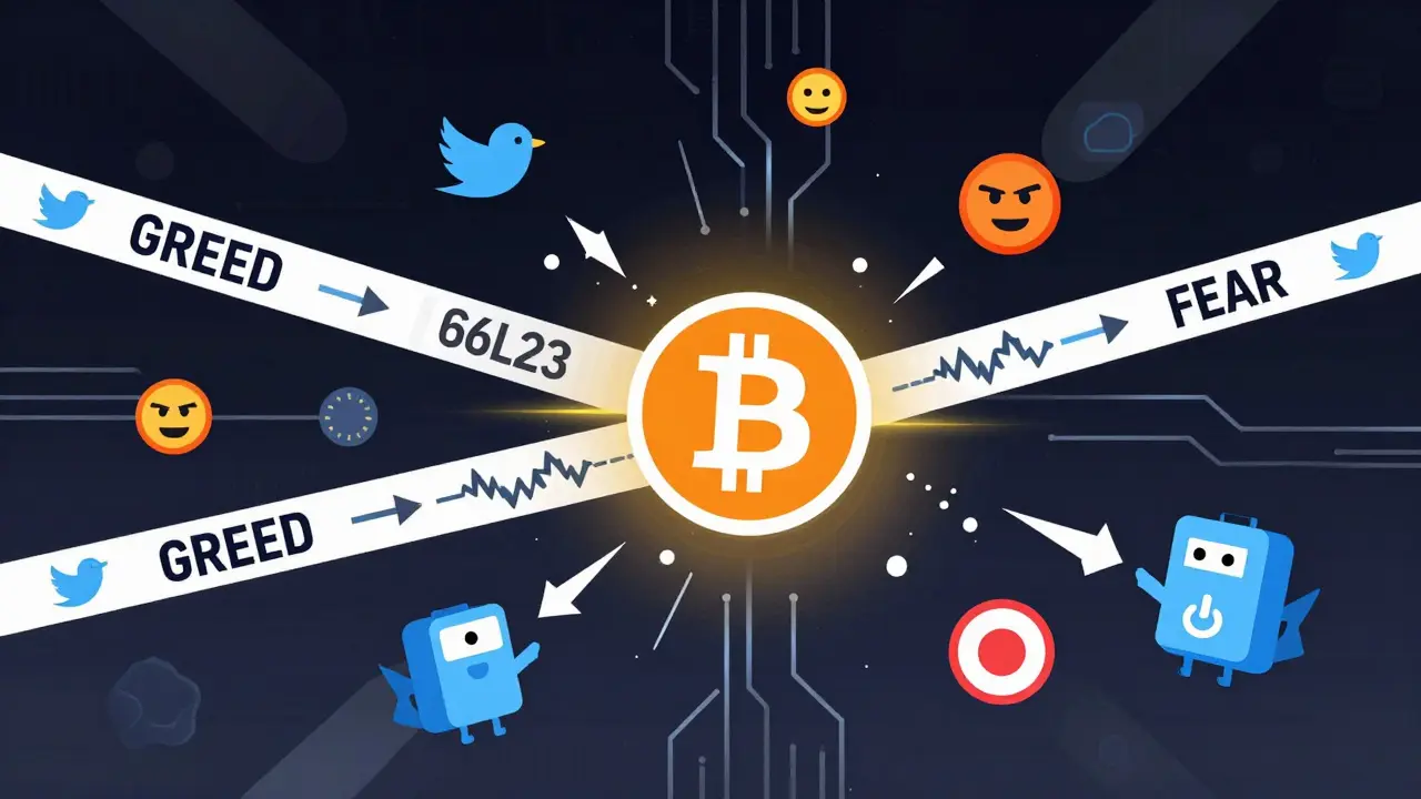A volatile crypto price ticker swinging between GREED and FEAR, driven by social media icons and algorithmic bots, with regulatory symbols raining down.