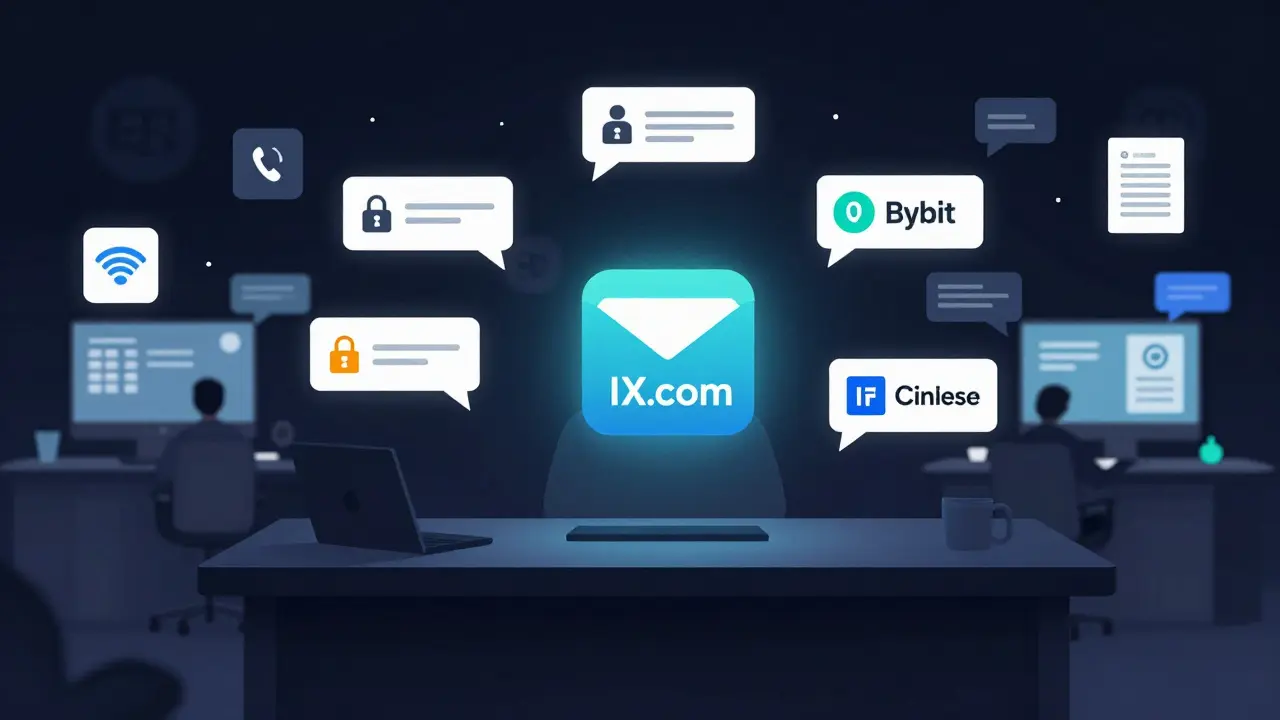 An empty support desk with only an email icon, surrounded by user complaints while other exchanges thrive.