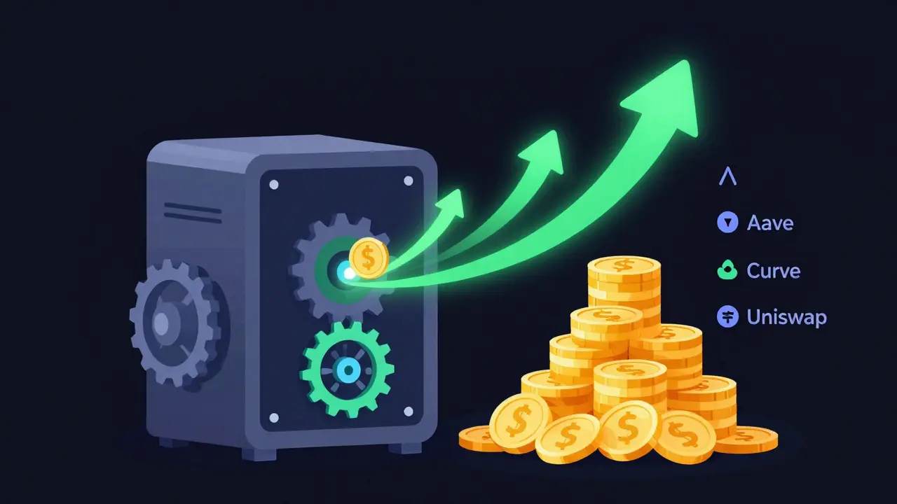 Auto-compounding vault system reinvesting rewards from multiple DeFi protocols into a growing stack of coins.