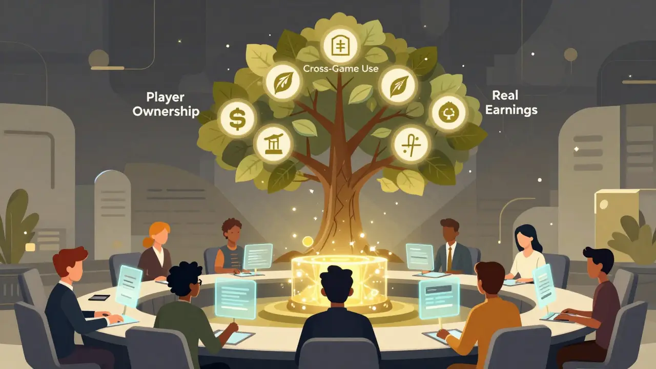 Avatars voting in a virtual DAO chamber with a growing digital tree representing player ownership and earnings.