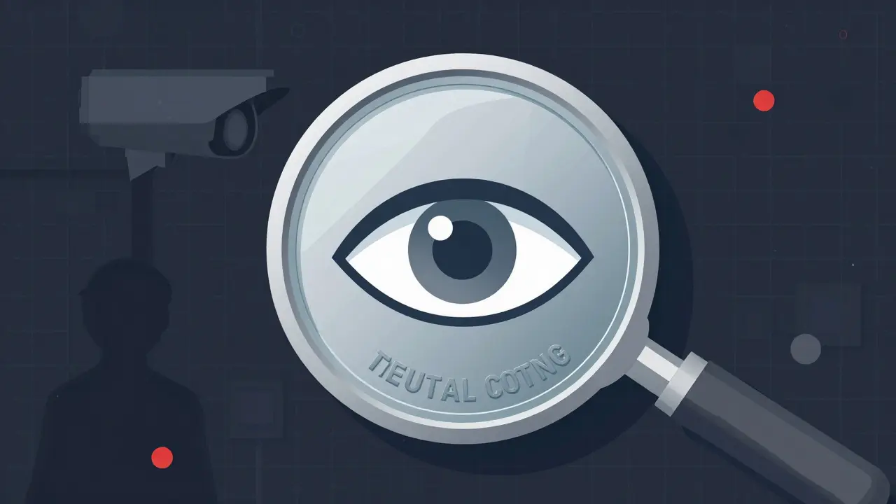 CBDC coin with surveillance eye overlay, government monitoring