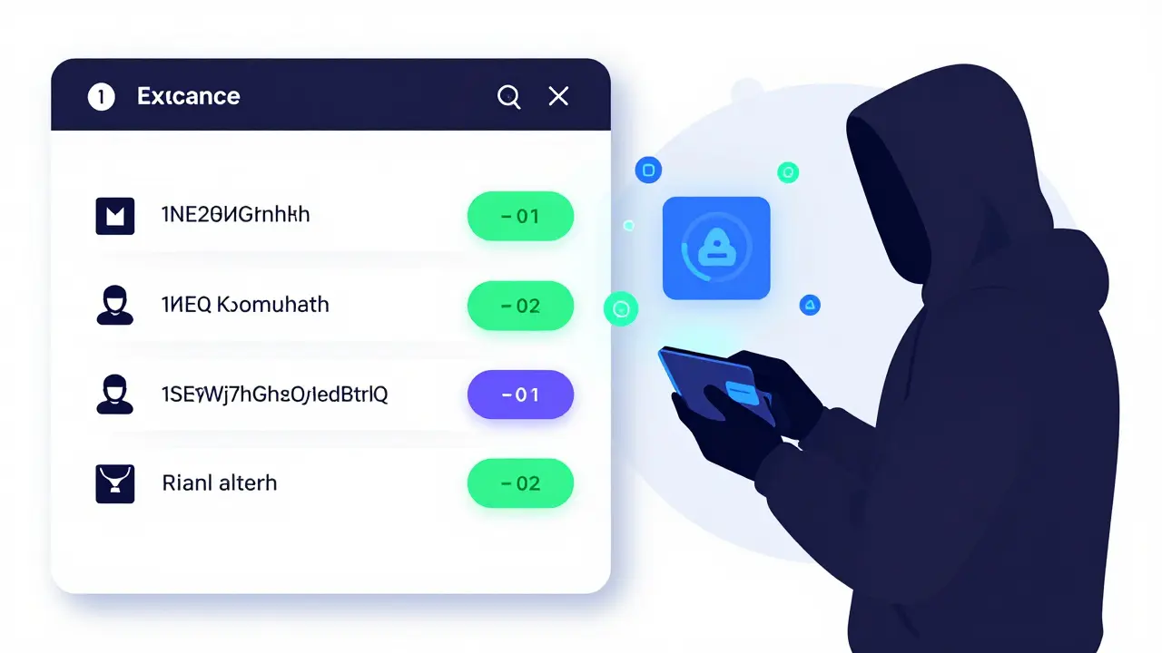 Crypto exchange dashboard blocking a transaction to a sanctioned address, while an AI bot routes funds through layered blockchains.