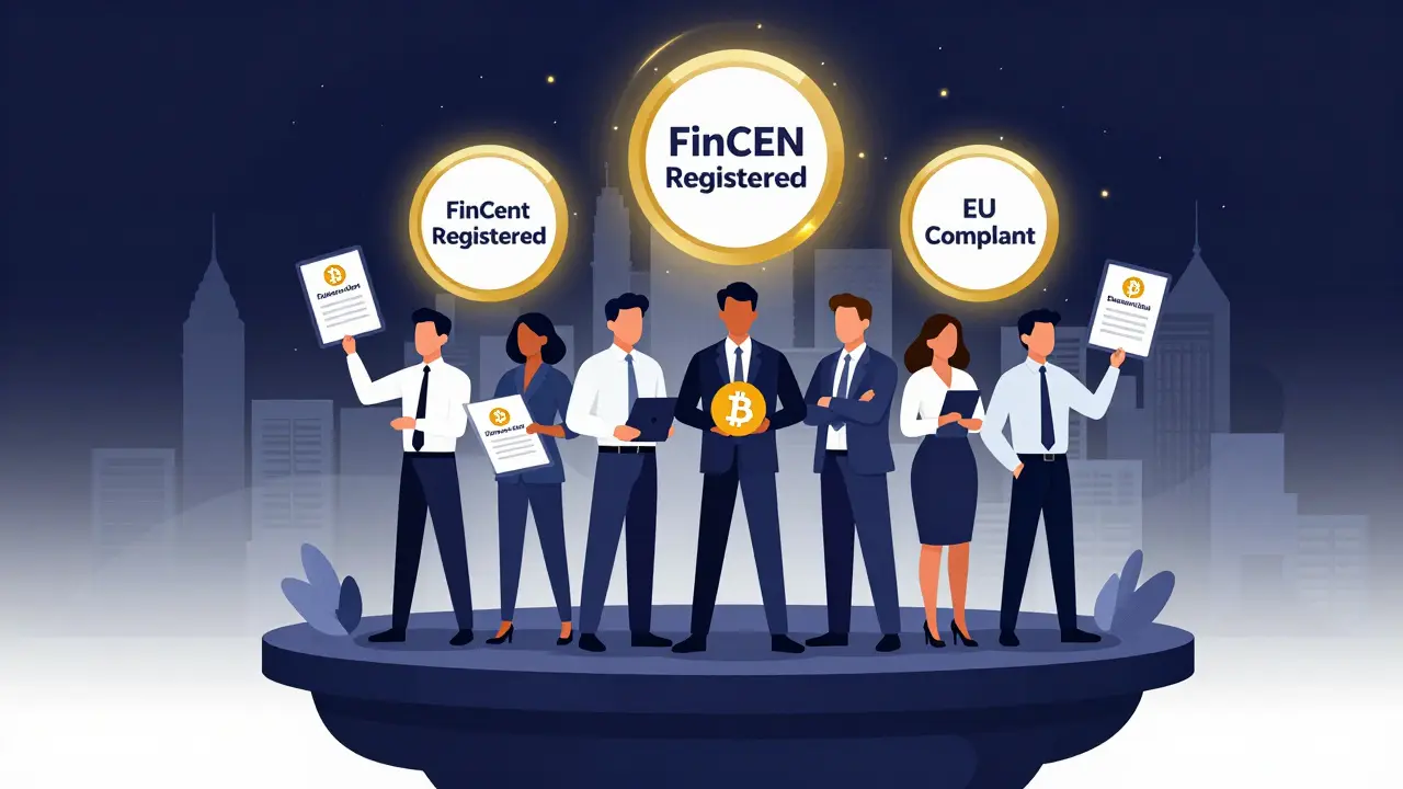 Diverse traders holding derivatives contracts on a floating platform under global compliance emblems.