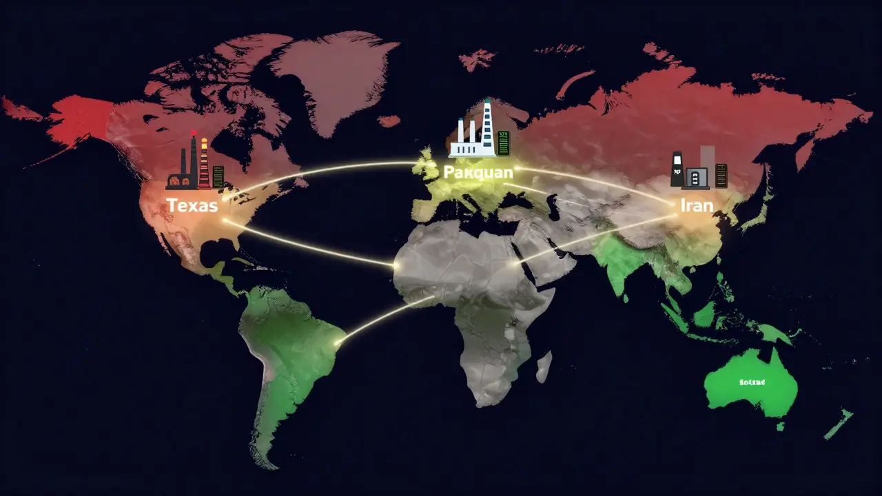 Global map showing Bitcoin mining relocation from China to new international hubs.